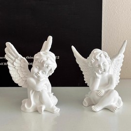 OwMell Set of 2 Cherubs Angels Resin Statue Figurine, Indoor Home Decoration, Adorable Angel Sculpture Memorial Statue 4" - White