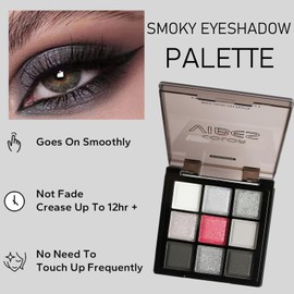 Black Smokey Eyeshadow Palette 9 Colors Black Eye Shadow Palette for Women Matte Shimmer Black Silver Gray White Eyeshadow Makeup Palette Waterproof Blendable Pink Gothic Makeup Eyeshadow Palette