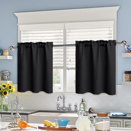 XWZO Black Blackout Curtains, Opaque Curtains with Curtain Rods, for Living Room and Kitchen, Bistro Curtain, Short Panel Curtains for Small Window, W 66 cm x H 91 cm per Panel, Set of 2