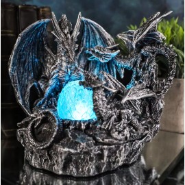 Mother Dragon With Baby Wyrmlings Guarding LED Crystal Egg Night Light Figurine