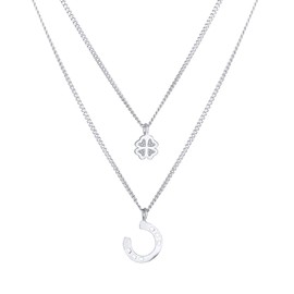 Women's Necklace Layer Silver with Clover Leaf (6 mm) and Horseshoe Symbol (10 mm), Double Row Chain with Lucky Pendant Made of 925 Sterling Silver, Lucky Chain Basic Accessory for Women and Girls,