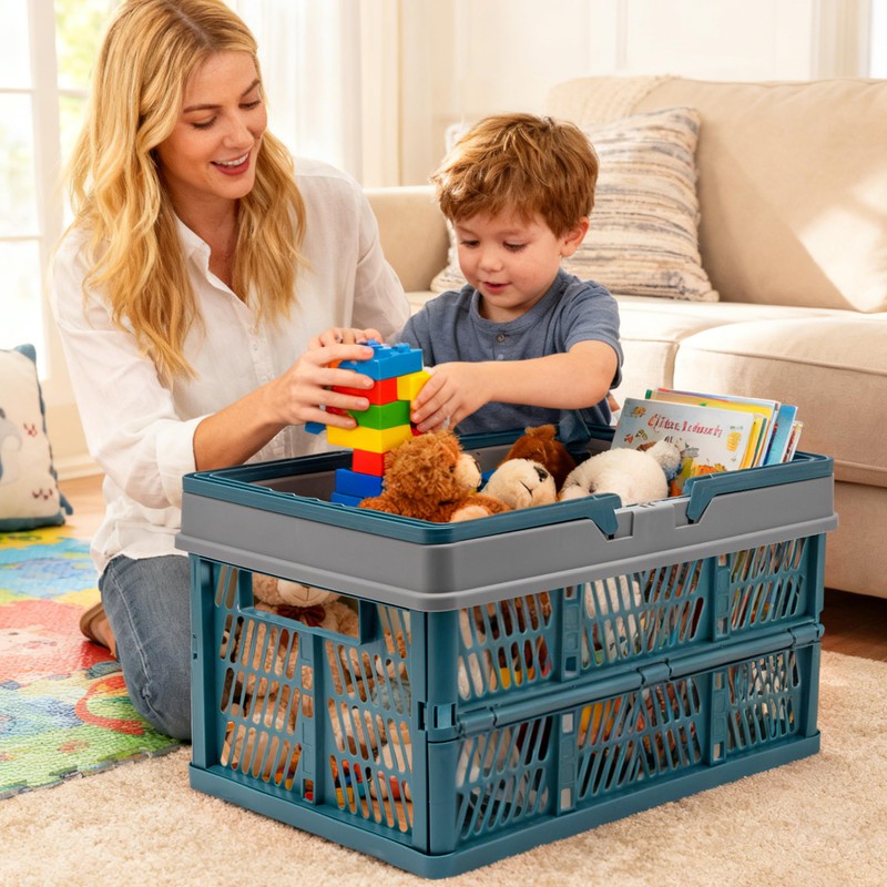 VALESKA 17" Plastic Milk Crate (Deepblue),33L Collapsible Crates for Storage,