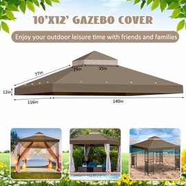 Mindsoft Mindsoft 10'x12' Gazebo Cover Canopy Replacement Top Double Tiered Outdoor Canopy Cover Waterproof Grill Patio BBQ Gazebo Roof for Garden Shelter Durable Roof(Coffee)