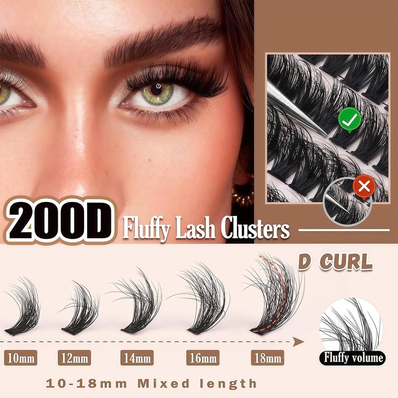 Cluster Lashes Kit - Fluffy Cluster Lashes 10-18mm, 200D Lash
