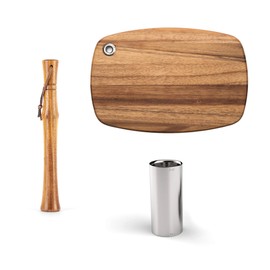 Outset Bartending Tool Kit, Double Jigger, Cocktail Muddler, and Wood Cutting Board Set