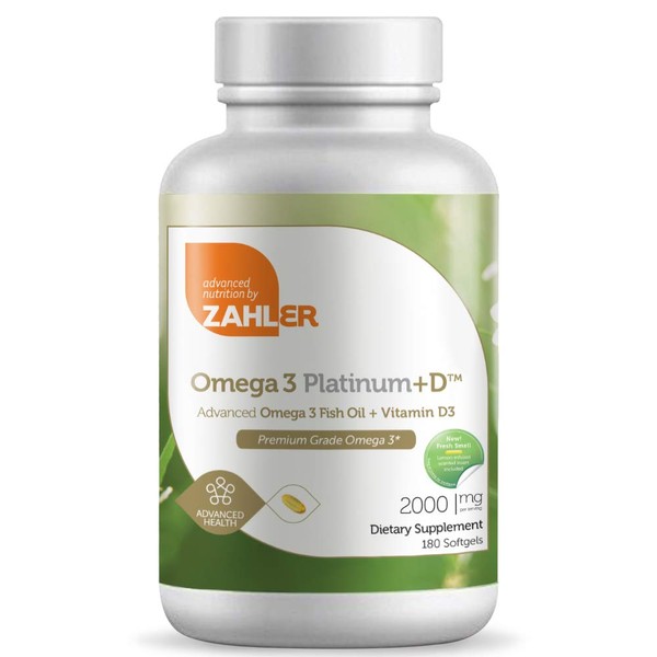 Zahler Omega 3 Platinum +D, All-Natural Pure Fish Oil Supplement, Burpless Softgel with No Fishy Aftertaste, Highest in EPA and DHA, Certified Kosher, 180 Softgels