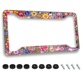 Colorful Hippies Retro Flowers Peace and Yin Yang Print License Plate Frame Aluminum Metal Car Cover Tag Holder With 4 Holes And Screws Customized Decorative Frames 12 x 6 Inch For US Vehicle Standard