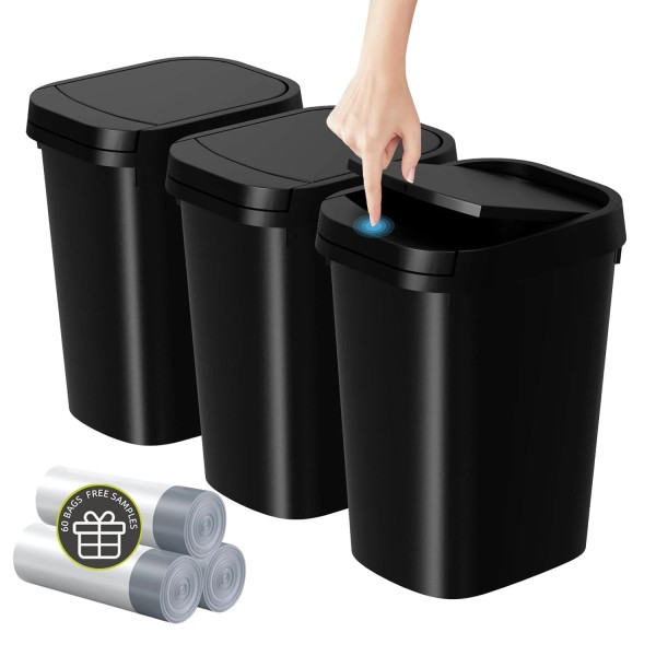 3 Pack Bathroom Small Trash Can with Lid, 2.6 Gallon