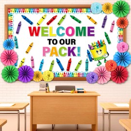 Back to School Bulletin Board Set Colorful Crayon Cutouts Name Tags Label Paper Flower Fan Classroom Decorations First Day of School Bulletin Board for Teacher Supplies Chalkboard Wall Classroom Decor