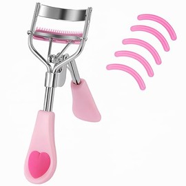 Rizador de pestañas de acero inoxidable con peine integrado, sin dolor, adecuado para cualquier forma y tamaño de ojos, con 5 almohadillas de repuesto de silicona (rosa claro)