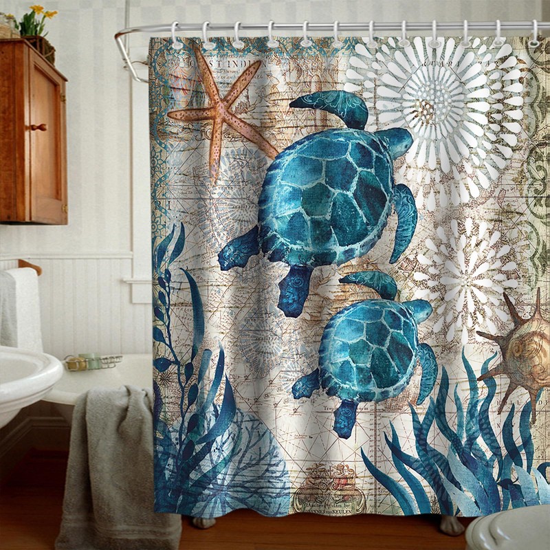 Final Friday Nautical Shower Curtain Teal Sea Turtles Theme Fabric