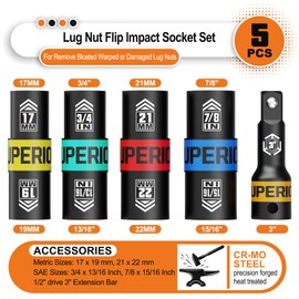 Aiourx 1/2" Drive Lug Nut Impact Socket Set, 5 Pcs Impact Sockets, Flip Socket Set, Thin Wall Nut Sockets with 3" Extension Bar, Remove Bloated Warped, Damaged Lug Nuts