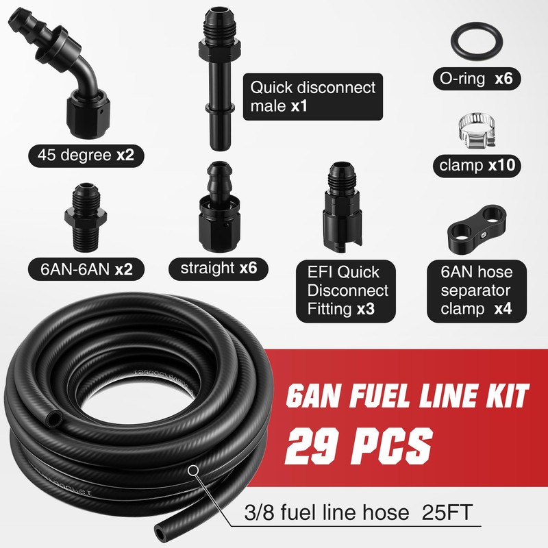 3/8 Fuel Hose Line 25FT, 6AN Fuel Line Kit Push