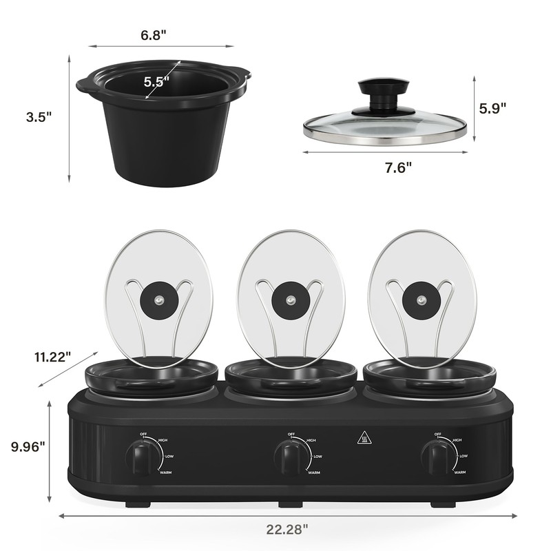 Triple Slow Cooker, 3×1.5 QT Buffet Servers and Warmers, 3