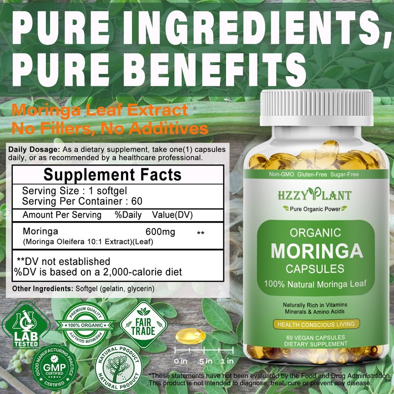 HZZYPLANT Moringa Softgel Capsules, Made with Pure Moringa Oleifera Leaf,
