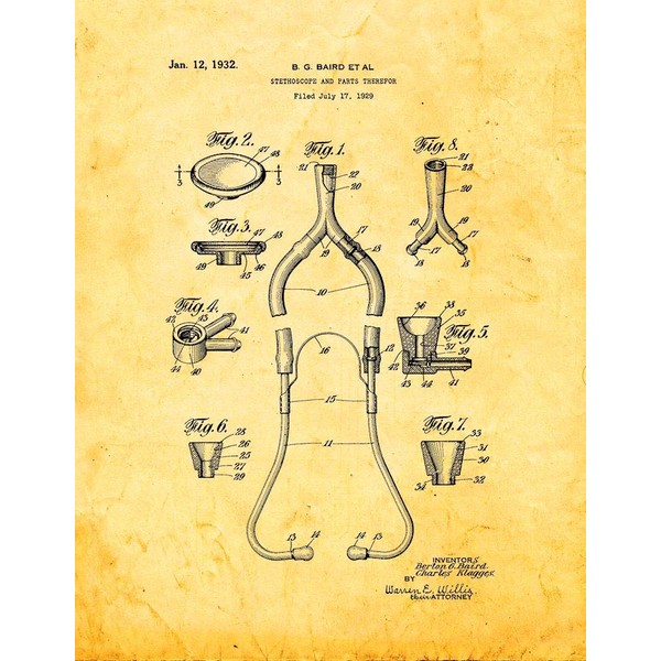 Stethoscope Patent Print Golden Look (18" x 24") M12902