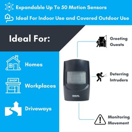 Ideal Security Wireless Indoor and Outdoor Motion Sensor Alarm, 2-Pack, 395FT PIR Sensor Connection Range, 26FT Motion Detector Range, 100dB Alarm & Chime, Expandable System