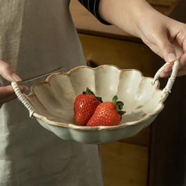 Amitofo Vintage Petal Shape Ceramic Serving Bowl with Rope Handles, Retro Style Glazed for Fruit Bowl,Salad Bowl,Table Centerpiece Decor