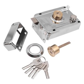 ZONADAH Door Lock Set, Exterior Door Lock, Interior Door Latch with 5 Keys, Stainless Steel Cylinder Latch, Rim Lock Set with Card Housing, Latch Right Open