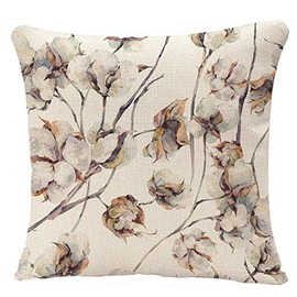 YGGQF Decorative Throw Pillow Covers White Painting Watercolor Vintage with Twigs and Cotton Flowers Botanical Summer Plant Agriculture Decorative Pillow Case for Couch Sofa Bed Chair 18x18 Inch