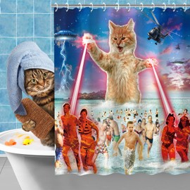 RosieLily Funny Kids Cat Beach Shower Curtains Set with 12 Hooks, Cool Bathroom Decor, 72"x72"