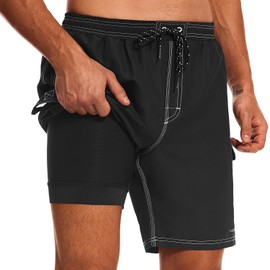 HODOSPORTS Mens Swim Trunks with Compression Liner 9 inch Quick-Dry Men’s Swim Shorts with Cargo Pockets Black XL
