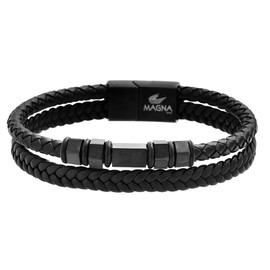 Magna Steel Men's Two-Layer Braided Genuine Leather Wheat Chain Bracelet with Stainless Steel Ornaments (Black)