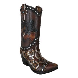 Ebros Gift Rustic Western Running Horses Wild And Free With Horseshoes And Cross Cowboy Cowgirl Boot Decorative Figurine Or Floral Vase Planter Tooled Leather Finish Accent