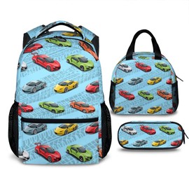 FLEXIMX Kids Backpack Set with Lunch Box Pencil Case, Race Car School Backpacks Set of 3, Bookbag Matching Combo for Boys, School Suppies for Race Car Lovers