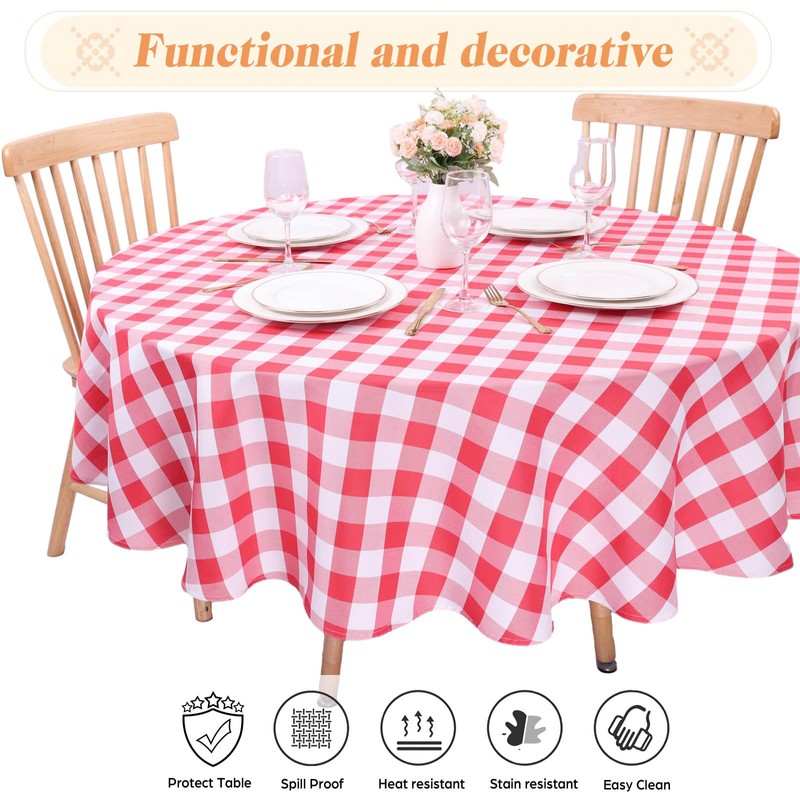 Kesfey Red Gingham Round Tablecloths Polyester 152cm Diameter,Checkered Tablecloth Spillproof
