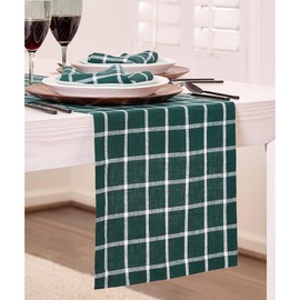 Solino Home Plaid Linen Table Runner 48 Inches - 100% Pure Linen Dark Green Check Table Runner 14 x 48 Inch - Handcrafted and Machine Washable Fabric - Windowpane