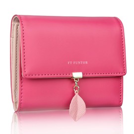 FT FUNTOR PU Leather Wallet for Women RFID-Blocking, Ladies Bifold Leaf Pendant Coin Zipper Small Purse with 5 Card Slots and 1 ID Window Card Holder Organizer (S-Rose Red)