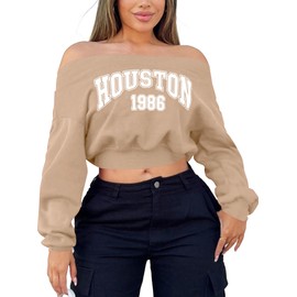 Hilinker Women's Off Shoulder Graphic Crop Sweatshirt Long Sleeve Pullover Tops Brown HOUSTON Large