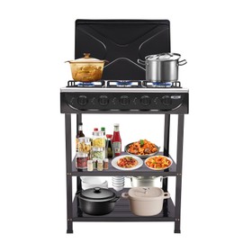 Gas Stove with 5 Burners, Portable Outdoor Gas Stove with Wind Shield and 2 Storage Shelves Camping Stove for RV, Apartment, Outdoor Cooking (Black)