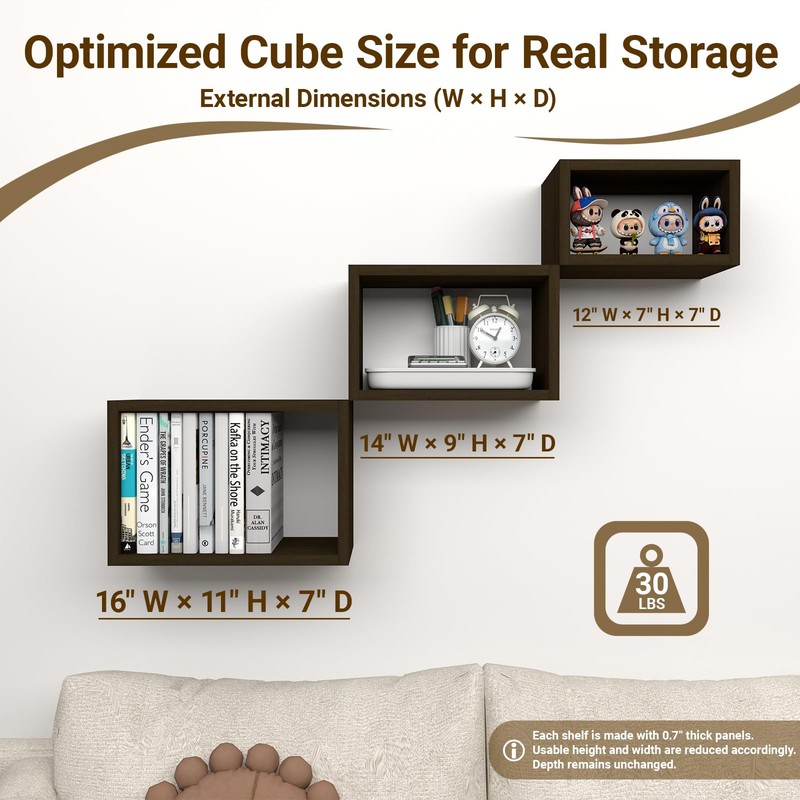 CANCHIC Floating Cube Shelves Set of 3, Black Walnut Decorative