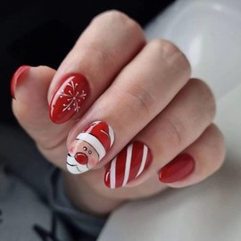 Christmas Press on Nails Fake Nails Short Length Christmas Acrylic Almond Nail Design Red Santa Claus Nail Tips False Nails Stick on Nails for Women Girls for Nail Art Manicure Decorations 24Pcs