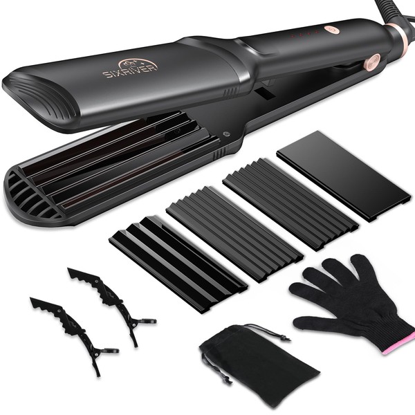 Sixriver Hair Crimper for Women Hair Waver Hair Straightener Curling Iron 4 in1 Flat Crimping Iron Plates Ceramic Waver Hair Tool Volumizing Crimper with 15s Fast Heating (Black)