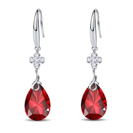 925 Sterling Silver Dangle Earrings 5A Pear Shape Cubic Zirconia Four Leaf Clover Drop Earrings for Women (Red)