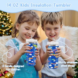 14 oz Airplanes Tumbler with Handle and Straw for Kids, Insulated Stainless Steel Travel Mug for Toddlers Boys, Vacuum Leak Proof Tumbler, Birthday Gifts for Boys, Blue Airplane