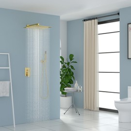 Lordear Rain Shower System Wall Mounted Shower Faucet Set - 10 Inch Stainless Steel Shower Head Handle Set and Solid Brass Valve, Brushed Gold Finish