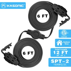 K Kasonic 12 Feet Twin Extension Cord Power Strip, 6 Feet on Each Side, Flat Head Outlet Plug,6 Polarized Outlets with Safety Cover, Double Extension Cord Splitter for Indoor Use, ETL Listed (Black)