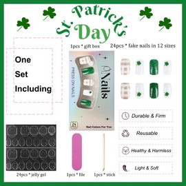 24Pcs St.Patrick's Day Press on Nails Short Square Fake Nails Irish Shamrock Glue on Nails with Green Gold Stripe Glitter Designs Glossy Acrylic Coffin False Nails Static St.Patrick's Nails for Women