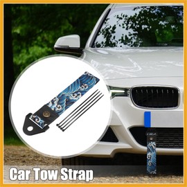 Partuto 1 Set Blue Car Tow Strap with Sea Waves Pattern, Universal Fit, Durable Cloth & Metal Material, 4 Zip Ties Included