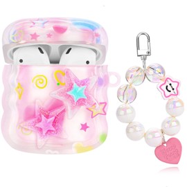 Cute AirPods Case with Love Pendant Colorful Round Bead Keychain, Glitter 3D Stars Design Soft Protective Cover Compatiable with AirPods 2nd & 1st Generation Case