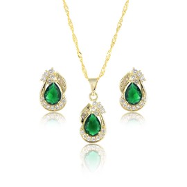 RIZILIA Jewelry Set for Women - Pear Cut Simulated Green Emerald Elegant - 14K Yellow Gold Plated Pendant Necklace with 18 Inch Chain + 2 inch Extension and Stud Earrings