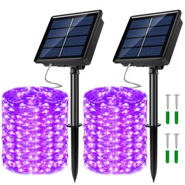 JosMega 2 Pack Solar Powered Fairy String Lights Outdoor Waterproof 8 Modes Twinkle Christmas Decorations Lights, Each 33ft-100LED, 40ft-120LED, 66ft-200LED, 80ft-240LED, (Purple, 33)