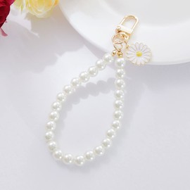 JIHUOO 3 Pcs Faux Pearl Keychain Flower Charm Keyring Hand Wrist Lanyard Wristlet Strap Bracelet Charm for Key Wallet