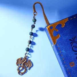Pyotivol Vintage Bookmark Brass Metal Copper Book Mark with Dragon and Bead Chain Pendant-Fantasy Book Marks for Reading Women, Men, Book Lovers, Girls, Teens, Teachers and Students Handmade Bookmarks