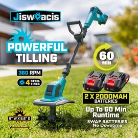 Cordless Tiller Cultivator, 360RPM Electric Garden Tiller for Gardening, 9 inTilling Width and 6.6 in Depth Garden Rototiller for Lawn/Gardening/Soil Cultivation (2 * 2AH Battery&Charger Included)