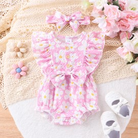 ZZLBUF Newborn Baby Girl Summer Outfits Infant Cute Flower Ruffle Sleeveless Romper Bodysuit Headband 2Pcs Clothes Set (Purple, 0-3 Months)